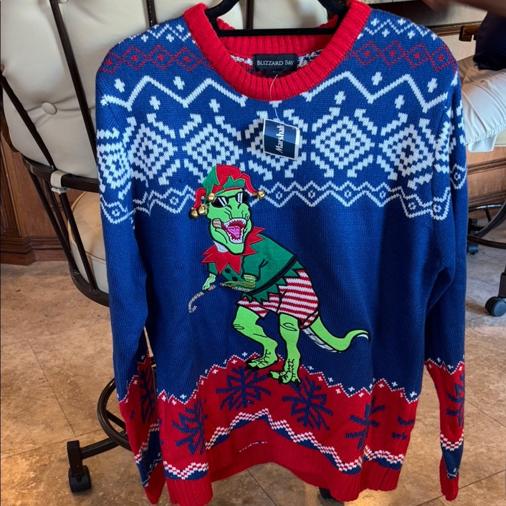 Festive Blue and Red Crew Neck Sweater with Nordic Charm